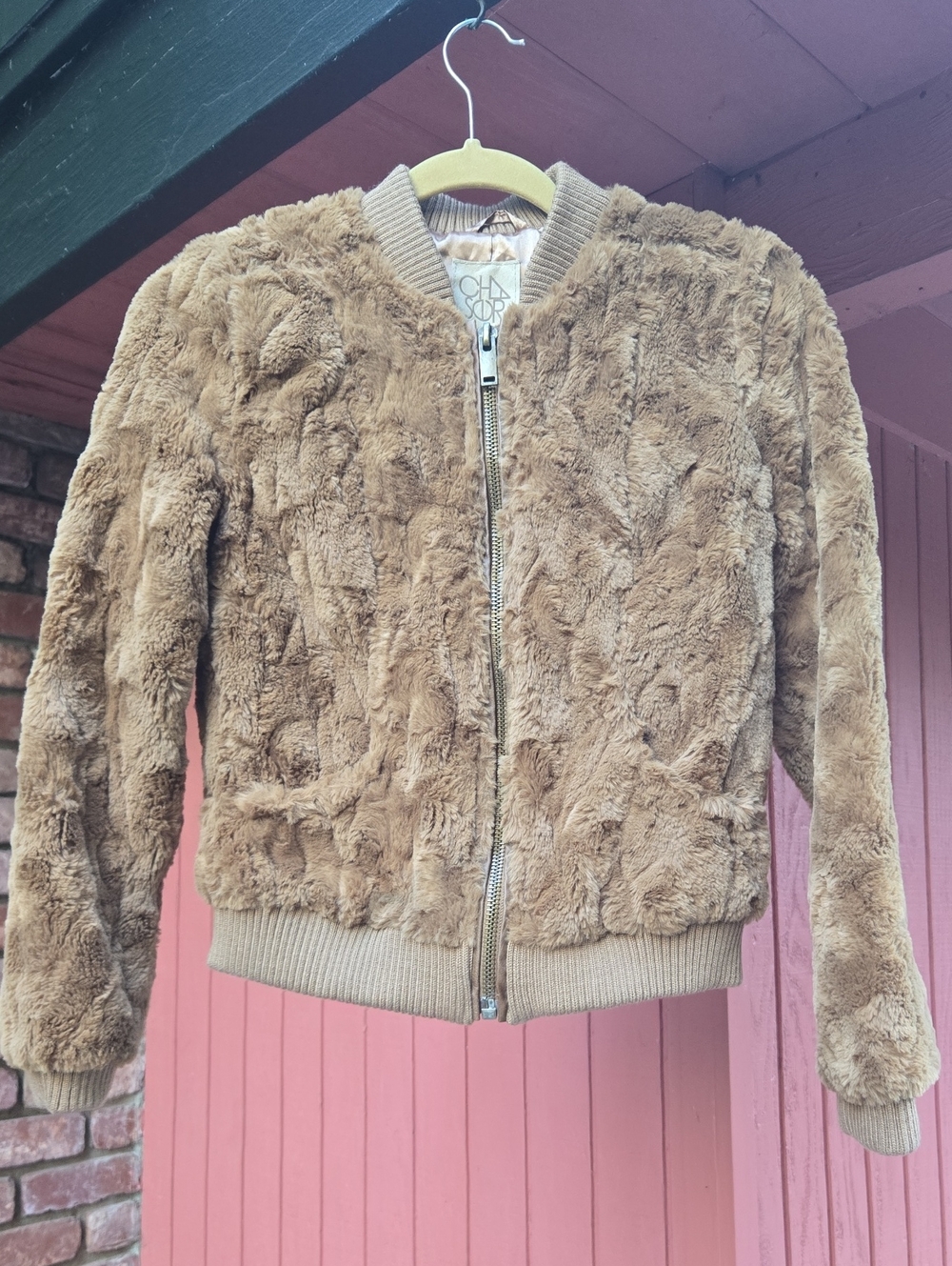 CHASER Faux Fur Bomber Jacket in Camel